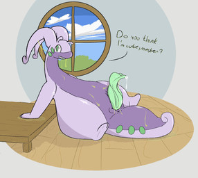 animal_genitalia animal_penis anus bodily_fluids detailed_background dripping feral floor gastropod_penis genital_fluids genital_slit genitals green_penis inside leaking_precum male penis precum precum_drip purple_body semi-anthro sitting slime solo tapering_penis window wood wood_floor sleepyscion mythology nintendo pokemon dragon gastropod generation_6_pokemon goodra mollusk mythological_creature mythological_scalie pokemon_(species) scalie slug digital_drawing_(artwork) digital_media_(artwork) hi_res