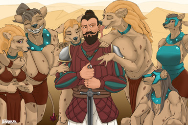 anthro armor beard big_breasts black_hair black_nose blonde_hair bottomwear breasts brown_body brown_fur brown_hair clothed clothed_anthro clothed_female clothed_human clothed_male clothing collar ear_piercing ear_ring eyebrow_piercing eyebrow_ring face_lick facial_hair facial_piercing female female_anthro female_on_human fur grin group hair huge_breasts human_on_anthro interspecies licking loincloth male male/female male_human male_on_anthro melee_weapon mustache nose_piercing nose_ring piercing ring_piercing septum_piercing septum_ring skirt smile sword teeth tongue topless topless_anthro topless_female weapon barnikan songs_of_conquest nimander_breeze human hyena mammal hi_res