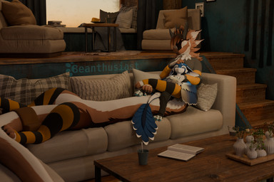 4_ears accessory bag biped book bottomless bottomless_taur bottomwear claws clothed clothing container cuddling cup digitigrade duo eyes_closed feathers feet fur furgonomics furniture hair hand_holding headpat horn inside leg_warmers legwear long_body lying lying_on_another lying_on_sofa multi_ear on_back on_sofa pants paws petting shirt size_difference sofa stairs sunset t-shirt table tail tail_accessory tail_bag toes topwear wings beanthusiast nardoiri_(modeler) mythology korvyn micca_(taur) avali dragon dragon_taur eastern_dragon eastern_dragon_taur mythological_creature mythological_scalie nardoragon nardotaur scalie taur 2026 3d_(artwork) absurd_res blender_(artwork) digital_media_(artwork) hi_res watermark female_(lore) male_(lore)