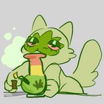 ambiguous_gender bong drugs half-closed_eyes lighter marijuana narrowed_eyes red_sclera smoking smoking_bong solo tail wide_hips eunicidae nintendo pokemon generation_9_pokemon pokemon_(species) sprigatito 1:1 low_res