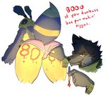 2020 anthro arthropod bee body_writing brush butt canid canine canis countershading duo english_text female goon_(goonie_san) goonie-san hand_in_pants hand_on_butt hi_res hymenopteran insect looking_back male male/female mammal markings mercy_(goonie-san) milestone paint paintbrush profanity simple_background smile smiling_at_viewer text tongue tongue_out white_background wide_hips wolf writing_on_butt yellow_body