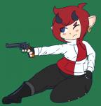 2019 blush boots clothed clothing demon devlyn_(tinydemon) digital_media_(artwork) ear_piercing erina_duval female flat_chested footwear green_background gun hair handgun holding_gun holding_object holding_ranged_weapon holding_weapon hoodie horn humanoid humanoid_pointy_ears mammal not_furry piercing ranged_weapon short_stack simple_background sliding solo tinydemon topwear weapon wide_hips