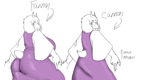2_horns alternate_form anthro big_breasts big_butt breasts butt clothed clothing curvy_figure directional_arrow female floppy_ears fur horn huge_breasts looking_at_viewer looking_back looking_back_at_viewer lop_ears robe scut_tail short_tail simple_background solo standing tail text thick_thighs voluptuous white_background white_body white_fur toriistar canon_vs._fanon undertale_(series) toriel bovid bovine mammal 16:9 2026 digital_media_(artwork) english_text hi_res meme sketch widescreen