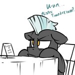 annoyed chair dialogue feral furniture grey_body male offscreen_character restaurant simple_background sitting slouching solo table text white_background wings mcsweezy friendship_is_magic hasbro my_little_pony mythology rumble_(mlp) thunderlane_(mlp) equid equine horse mammal mythological_creature mythological_equine pegasus pony 1:1 2015 digital_drawing_(artwork) digital_media_(artwork) english_text