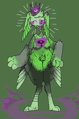 anthro big_hands blep breasts crown digitigrade fangs feathers female folded_wings gradient_body green_background green_body head_wings headgear paws pubes purple_tongue simple_background solo teeth teeth_showing thick_thighs tongue tongue_out unusual_wing_placement wings allycatboom angel lagomorph leporid mammal rabbit