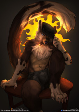 5_fingers 5_toes anthro biped black_body black_fur blue_eyes brown_body brown_fur bulge chest_tuft cigar claws clothing feet fingers fur furniture hat headgear headwear male male_anthro multicolored_body multicolored_fur on_table sitting sitting_on_table smoking smoking_cigar solo table toe_claws toes tuft white_body white_fur the_gentle_giant gulonine mammal marten mustelid musteline 2025 absurd_res digital_media_(artwork) hi_res