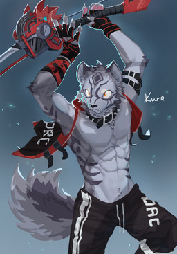 5_fingers abs amber_eyes anthro arm_markings arm_strap athletic athletic_anthro athletic_male biped black_bottomwear black_clothing black_gloves black_handwear black_pants black_topwear black_vest bottomwear claws clothed clothed_anthro clothed_male clothing collar countershade_arms countershade_tail countershade_torso countershading drawstring_bottomwear eyebrows facial_markings finger_claws fingerpads fingers front_view fully_clothed fully_clothed_anthro fully_clothed_male fur gloves grey_body grey_claws grey_countershading grey_inner_ear handwear head_markings holding_melee_weapon holding_object holding_weapon looking_at_viewer male markings melee_weapon mouth_closed multicolored_body open_clothing open_topwear open_vest overbite pants pawpads pink_pawpads pose pupils purple_markings raised_arms red_clothing red_gloves red_handwear red_topwear red_vest simple_background snout solo spiked_collar spikes tail teal_background text text_on_bottomwear text_on_clothing text_on_pants text_on_topwear text_on_vest topwear torso_markings two_tone_body vest weapon white_bottomwear white_clothing white_eyebrows white_pants kuromonsart felid mammal 2022 absurd_res artist_name colored dated digital_media_(artwork) digital_painting_(artwork) english_text hi_res painting_(artwork) portrait three-quarter_portrait