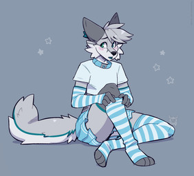 3_toes 4_fingers anthro black_eyebrows black_nose blue_bottomwear blue_clothing blue_collar blue_markings blue_skirt blush bottomwear cheek_tuft clothed clothing collar crop_top crossdressing eyebrows facial_tuft feet femboy fingers fur green_eyes grey_body grey_fur grey_markings hair inner_ear_fluff legwear looking_away male markings open_mouth pattern_clothing pattern_legwear pattern_stockings paws shirt short_hair simple_background sitting skirt snout solo stockings striped_clothing striped_legwear striped_stockings stripes tail toes topwear tuft white_clothing white_crop_top white_topwear fleurfurr canid canine fox mammal 2023 cel_shading colored colored_sketch digital_drawing_(artwork) digital_media_(artwork) hi_res shaded sketch