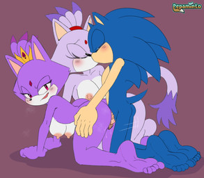 anthro big_breasts blush breasts crown doggystyle eyes_closed female from_behind_position genitals group hair hands_on_hips headgear hero kissing kneeling kneeling_sex looking_back male male/female nipples nude penetration penis ponytail princess queen royalty sex trio vaginal vaginal_penetration pepamintop sega sonic_the_hedgehog_(series) blaze_the_cat killer_queen_blaze sonic_the_hedgehog domestic_cat eulipotyphlan felid feline felis hedgehog mammal hi_res