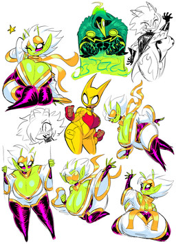 2_antennae 2_horns 5_fingers antennae_(anatomy) big_breasts breasts brown_body brown_skin cape cleavage cloak clothed clothing empty_eyes eyelashes eyewear eyewear_on_head female female_humanoid fingerless_gloves fingers fist glistening glistening_breasts glistening_shoulders gloves green_antennae green_body green_breasts green_cape green_cloak green_clothing green_ears green_skin grin hair hand_behind_head hand_behind_own_head handwear horn huge_breasts humanoid_pointy_ears looking_at_viewer looking_back looking_back_at_viewer male not_furry one_eye_closed one_eye_obstructed open_mouth open_smile pink_tongue pointy_ears red_clothing red_fingerless_gloves red_gloves red_handwear sharp_teeth simple_background sitting smile standing star_reaction sunglasses sunglasses_on_head superhero teeth tongue voluptuous_female voluptuous_humanoid wearing_sunglasses white_background white_hair wink winking_at_viewer yellow_clothing yellow_eyewear yellow_mask yellow_sunglasses zipper theguywhodrawsalot sara_(theguywhodrawsalot) valerie_(theguywhodrawsalot) alien alien_humanoid horned_humanoid humanoid 2024 absurd_res digital_media_(artwork) hi_res