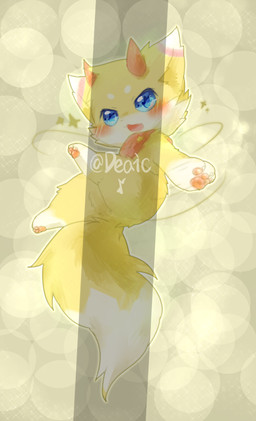 abstract_background ambiguous_gender blue_eyes chibi fur kemono open_mouth paws solo white_body white_fur yellow_body yellow_fur deaic canid canine fox mammal 2018 absurd_res distracting_watermark hi_res watermark