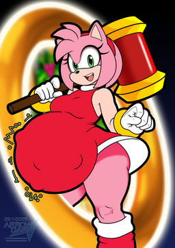 abdominal_bulge ambiguous_gender ambiguous_prey anthro belly big_belly breasts clothing dress female female_pred fur green_eyes hammer looking_at_viewer piko_piko_hammer pink_body pink_fur smile solo standing tools vore arrowdark sega sonic_the_hedgehog_(series) amy_rose eulipotyphlan hedgehog mammal 2025 absurd_res alternate_version_at_source hi_res watermark