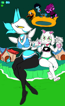 acid_pool anthro bikini bikini_bottom bikini_top boat bracelet building cake clothed clothing crossdressing dessert electrical_plug eyewear female femboy food glasses group house jewelry male rubber_duck spiked_bracelet spikes stunt swimwear two-piece_swimsuit umbrella_drink vehicle watercraft maskrequired deltarune undertale_(series) berdly kris_dreemurr ralsei susie_(deltarune) tasque_manager avian bovid caprine darkner dinosaur felid feline goat human humanoid lightner mammal monster prehistoric_species reptile scalie digital_drawing_(artwork) digital_media_(artwork) hi_res