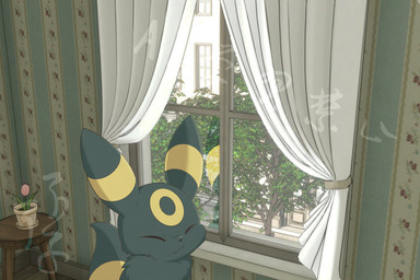 ambiguous_gender black_body black_fur curtains_open feral fur inside kemono leaning_on_window plant solo window hirochanu nintendo pokemon eeveelution generation_2_pokemon pokemon_(species) umbreon 2026 3:2 distracting_watermark hi_res watermark