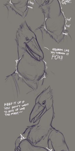 abdominal_bulge anthro anthro_pred beak dialogue duo feathers fur glurk gulp_(sound_effect) holding_belly larger_pred logo male male/male male_pred muffled muffled_scream neck_bulge onomatopoeia oral_vore scared simple_background size_difference sound_effects struggling struggling_prey swallowing tail teasing text unwilling_prey vore whining willing_pred zeanlain vex_(sebesh) avian bird canid canine fox mammal pelecaniform shoebill artist_logo english_text hi_res sketch