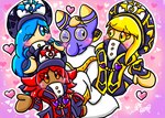 anthro blonde_hair blue_hair blush clothing female floating_hands group hair hat headgear headwear heart_symbol male purple_body red_hair shirt topwear tunic lewdchuu_(artist) kirby_(series) kirby_star_allies nintendo flamberge_(kirby) francisca_(kirby) hyness_(kirby) zan_partizanne_(kirby) chameleon lizard reptile scalie hi_res