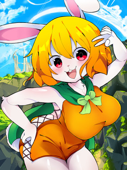 anthro big_breasts breasts female gesture hand_gesture outside pose smile smiling_at_viewer solo thick_thighs v_sign nekomo one_piece carrot_(one_piece) lagomorph leporid mammal rabbit 3:4 absurd_res hi_res