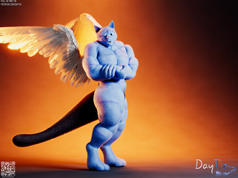 anthro arm_flex backlighting biped blue_body blue_fur chest_fur claws ear_fur fantasy feathered_wings feathers flexing fur gradient_background head_fur large_wings light looking_at_viewer looking_confident male markings muscular one_eye_closed open_mouth orange_background pawpads sharp_teeth simple_background smile solo standing tail tail_markings teeth text thick_tail tongue whiskers wings daytia felid feline mammal 3d_(artwork) 4:3 digital_media_(artwork) hi_res lighting url
