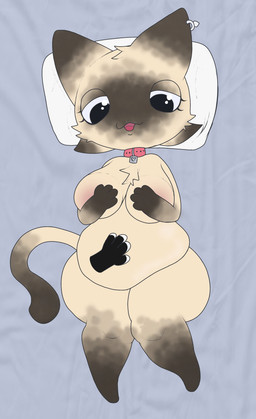 :3 anthro belly belly_rub big_belly big_breasts breast_squish breasts collar covering covering_breasts disembodied_hand ear_piercing female hand_on_breast lying nude on_back overweight overweight_anthro overweight_female piercing pillow smile solo squish gooblie_2 jaidee_(kaizoart) domestic_cat felid feline felis mammal siamese_cat absurd_res hi_res