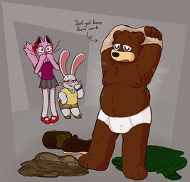 anthro balls belly big_balls big_belly big_penis bite biting_lip biting_own_lip blush bodily_fluids bottomwear bow_ribbon briefs brown_body brown_fur bulge chest_tuft clothed clothing detailed_bulge erection female fluffy fluffy_tail footwear fur genital_outline genitals group humanoid_hands jacket male mary_janes moobs nipples overweight overweight_anthro overweight_male pants paws penis penis_outline pink_body pink_fur puffed_tail raised_arm self_bite shirt shoes shoes_removed shorts simple_background skirt steam steaming_body sweat tail text tighty_whities topwear trio tuft underwear undressing undressing_self whiskers white_body white_briefs white_clothing white_fur white_underwear vexedcalyx background_character bear felid feline lagomorph mammal 2025 character_request colored digital_drawing_(artwork) digital_media_(artwork) english_text hi_res