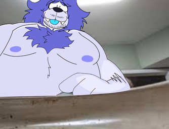 anthro beard blue_hair body_hair chest_hair facial_hair fangs hair male moobs nipples overweight solo teeth thatonegreywolf08 grey_f._ikari_(thatonegreywolf08) canid canine canis mammal wolf
