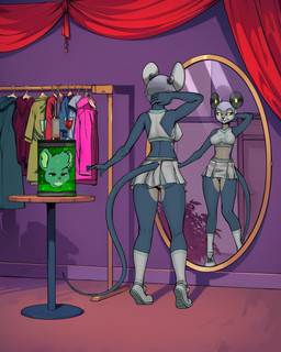 aged_up alcohol alcohol_bottle anthro beverage blue_eyes cheerleader_outfit clothes_hanger container cup curtains death decapitation drinking_glass female furniture glass glass_container glass_cup grey_body jar mirror nightclub prosthetic prosthetic_limb reflection robotic_head severed_body_part severed_head solo table wine_bottle wine_glass diacordst night_in_the_woods lori_meyers mammal mouse murid murine rodent 2025 4:5 absurd_res hi_res