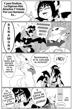 abs angry anthro arm_tuft armwear athletic bat_wings belt biceps big_breasts big_butt black_claws black_eyes black_hair black_lips black_nose black_sclera bodily_fluids breasts bridal_gauntlets butt chair claws clothing confusion crossed_arms crowd crying dialogue ears_down eyebrows eyelashes eyeliner eyes_closed eyeshadow fangs female female_anthro female_humanoid fingers flower frown furniture gesture group hair hand_gesture hand_on_face hand_on_head happy horn humanoid_pointy_ears lips long_ears long_tail looking_down makeup male membrane_(anatomy) membranous_wings motion_lines muscular muscular_anthro muscular_female navel nervous nervous_sweat open_mouth pivoted_ears plant pointy_ears rear_view sad screaming shaking shoulder_tuft simple_background sitting smile speech_bubble spread_legs spreading standing sweat tail tears teeth text thick_thighs tomoe_(symbol) trembling triceps tuft white_background wide_hips wings yin_yang perezoso_draw bandai_namco digimon angewomon beelstarmon canid demon demon_humanoid digimon_(species) elemental_creature flora_fauna humanoid lilithmon lillymon mammal renamon succubus artist_name comic hi_res monochrome spanish_text translated