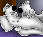 anthro anus bed brian_griffin butt canid canine canis domestic_dog duo ear_piercing ear_ring family_guy furniture hand_on_butt hi_res jasper_(family_guy) looking_at_another lying lying_on_bed male male/male mammal on_bed piercing ring_piercing tbfm