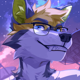 anthro black_nose blonde_hair blue_eyes cheek_tuft clothed clothing eyewear facial_tuft fangs front_view fur glasses green_inner_ear_fluff grey_body grey_fur grin hair inner_ear_fluff looking_at_viewer male neck_tuft outside short_hair sky smile solo teeth topwear tuft white_body white_clothing white_fur white_topwear corzh77 canid canine mammal 1:1 bust_portrait hi_res portrait