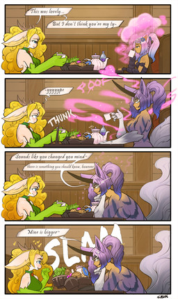 3_eyes anthro aroused_face breasts dialogue duo empty_eyes female flirting fur hair horn long_hair multi_eye size_difference smile text transformation white_body white_fur sajik final_fantasy final_fantasy_xiv square_enix priscillia_(xilrayne) deer dryad equid equine felid feline humanoid hybrid lagomorph leporid mammal rabbit comic english_text hi_res