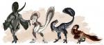 abstract_background ambiguous_gender blue_eyes claws digitigrade feathers female feral group raised_tail seductive simple_background size_difference tail yellow_eyes isismasshiro deinonychus dinosaur dromaeosaurid dromaeosaurus feathered_dinosaur feathered_scalie prehistoric_species reptile scalie theropod utahraptor velociraptor