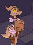 anthro backpack breasts brown_body cleavage clothed clothing female freckles horn non-mammal_breasts solo text wraps yellow_eyes srrizadventurer srriz_adventure srriz kobold reptile scalie animated short_playtime