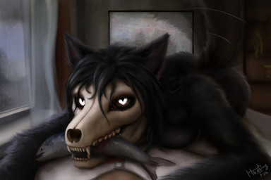 anthro bed bedroom black_body black_fur black_hair black_sclera bone breast_squish breasts clothing duo electronics eyelashes female female_anthro female_focus female_on_human first_person_view fluffy fur furniture hair human_on_anthro human_on_bottom human_pov inside interspecies looking_at_viewer lying male male/female male_on_anthro male_on_bottom male_pov nude offering_to_viewer on_bed on_bottom scp-1471 sharp_teeth shirt skull skull_head solo_focus squish tail tail_motion tailwag teeth television topwear white_eyes window hootingfish scp_foundation mal0 scp-1471-a canid canine fish human malo mammal marine 2026 3:2 digital_media_(artwork) hi_res