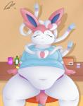 anthro anthrofied belly big_belly big_breasts breasts clothed clothing deep_navel eyes_closed female navel obese obese_anthro obese_female overweight overweight_anthro overweight_female pokemorph simple_background solo thick_thighs dullpoint nintendo pokemon eeveelution generation_6_pokemon pokemon_(species) sylveon 2017 hi_res