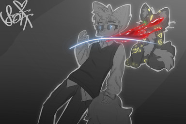 anthro arm_tattoo blood blue_eyes bodily_fluids clothing duo facial_tattoo feral fluffy fluffy_tail flying green_eyes leg_tattoo male school_uniform standing tail tattoo uniform scotthzz ricky_(vinogor) subere_(vinogor) domestic_cat felid feline felis mammal procyonid raccoon spirit 3:2 hi_res