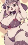 anthro bell bell_collar big_breasts bra breasts brown_body clothing collar female hand_on_hat hat headgear headwear heart_(marking) markings navel open_mouth panties red_eyes red_ribbon simple_background smile solo underwear arumo canid mammal 2024 5:8 absurd_res hi_res