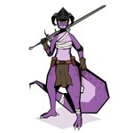 anthro armor bandage belt clothing female gloves handwear headgear helmet holding_object holding_weapon horn looking_at_viewer melee_weapon purple_body simple_background solo standing sword weapon white_background yellow_eyes zweihander shoot_(sh) kobold scalie 1:1 absurd_res hi_res