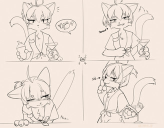 ahoge anthro blush bodily_fluids breasts chest_tuft cleavage clothed clothing cocktail_glass container cup drinking_glass female genital_fluids glass glass_container glass_cup hair heart_symbol looking_at_viewer navel peeing peeing_into_cup shirt shush smile solo tail tail_motion tailwag talking_to_viewer tied_shirt topwear tuft urine watersports j8k_s felid feline mammal comic hi_res