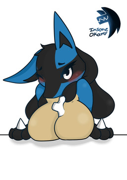 anthro big_breasts black_body black_eyes black_fur blue_body blue_fur blush bone breasts eyelashes female female_anthro front_view fur looking_at_viewer object_between_breasts one_eye_closed simple_background solo tan_body tan_fur white_background insane_okamy nintendo pokemon generation_4_pokemon lucario pokemon_(species) hi_res