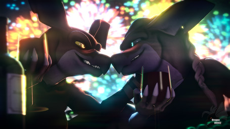 anthro bloom blue_eyes blush boop braided_hair breasts clothing container cup date drinking_glass drunk duo eye_contact female female/female fireworks fur glass glass_container glass_cup hair hand_on_cheek holding_container holding_cup holding_drinking_glass holding_object holding_wine_glass holidays looking_at_another non-mammal_breasts nose_boop nose_to_nose orange_eyes outside smile substance_intoxication wine_bottle wine_glass dragon-v0942 don_bluth new_year titan_a.e. sophie_(sophiewolfheart) stith alien mantrin scalie 16:9 3d_(artwork) digital_media_(artwork) hi_res source_filmmaker_(artwork) widescreen