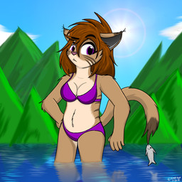 anthro bikini breasts clothing cloud female hair purple_bikini purple_clothing purple_swimwear sky solo sun swimwear two-piece_swimsuit jknewlife tammy_(jknewlife) aquatic domestic_cat felid feline felis fish mammal 1:1 hi_res