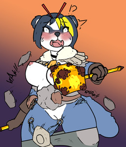 anthro big_breasts blind blonde_hair blue_body blue_fur blue_hair blush bouncing_breasts breasts choker clothing countershading disability embarrassed female fur genitals hair jewelry multicolored_body multicolored_fur multicolored_hair necklace solo surprised torn_clothing two_tone_body two_tone_fur two_tone_hair vulva wardrobe_malfunction weapon white_body white_fur petsoftthings blizzard_entertainment warcraft chichu_littlepaw bear mammal pandaren hi_res