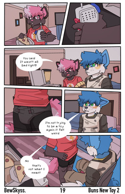 anthro blue_hair box clothed clothing container diaper female food green_eyes hair male male/female pink_eyes pizza pizza_box red_clothing red_shirt red_topwear shirt text topwear wearing_diaper white_body bewskyss absurd_res comic english_text hi_res