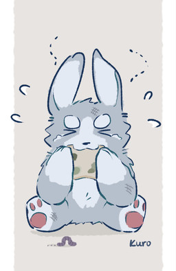 >_< ambiguous_gender biped bodily_fluids border bread bruised bruised_arm bruised_head bruised_leg countershade_face countershade_fur countershade_torso countershading duo ears_up eating eating_food eyebrows eyes_closed feral flies_for_smell fluffy food front_view fur gloves_(marking) grey_body grey_fur holding_food holding_object markings medium_comic moldy_bread multicolored_body multicolored_fur pawpads paws pink_pawpads simple_background sitting solo_focus sweatdrop_(iconography) tan_background tears text thick_eyebrows tuft two_tone_body two_tone_fur white_body white_border white_fur kuromonsart lagomorph leporid mammal rabbit worm 2025 artist_name comic digital_drawing_(artwork) digital_media_(artwork) full-length_portrait hi_res portrait shaded simple_shading