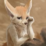 anthro big_ears blurred_background brown_background looking_at_viewer male simple_background sitting smile smirk solo stampmats canid canine fennec_fox fox mammal true_fox 1:1 hi_res