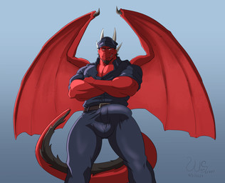 anthro aroused aroused_by_another aroused_face aroused_male aroused_smile balls_outline beard belt biceps big_bulge big_muscles black_beard black_facial_hair black_hair blue_background blue_bottomwear blue_clothing blue_hat blue_headwear blue_pants blue_shirt blue_topwear bottomwear brown_belt brown_clothing bulge bulge_focus clothing cocky cocky_grin crossed_arms detailed_bulge erection erection_under_bottomwear erection_under_clothing erection_under_pants facial_hair genital_outline glistening glistening_clothing grin grinning_at_viewer hair hat headgear headwear horn intimidation leather leather_bottomwear leather_clothing leather_daddy leather_pants leather_shirt leather_topwear looking_at_viewer looking_down looking_down_at_viewer looming low-angle_view male manly menancing muscular muscular_anthro muscular_male pants pecs penis_outline police police_hat police_officer police_uniform presenting presenting_bulge raised_wings red_body red_scales scales seducing_viewer seductive shadow shirt showing_off_muscles simple_background smile smiling_at_viewer smirk smirking_at_viewer solo tail thick_arms tight_bottomwear tight_clothing tight_pants tight_shirt tight_topwear topwear tough_guy uniform wings wolfsecret mythology dante_(dragonbreeder69) dragon mythological_creature mythological_scalie reptile scalie hi_res
