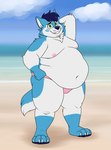 anthro beach blue_hair clothing green_eyes hair hand_behind_head male moobs navel obese overweight overweight_anthro overweight_male pose posing_for_picture sand seaside solo speedo swimwear shikakaka wintie canid canine canis domestic_dog husky hybrid mammal nordic_sled_dog spitz wolf