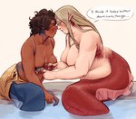 5_fingers after_kiss alternate_species areola belly big_breasts black_hair black_text blonde_hair blue_body blue_scales blush blush_lines bodily_fluids bottomwear bra braided_hair breast_size_difference breasts brown_areola brown_body brown_eyes brown_nipples brown_skin claws clothed clothed_female clothed_humanoid clothing collarbone crossgender dialogue duo ear_fins female female/female female_humanoid fin finger_claws fingers gills hair long_hair looking_at_another looking_at_partner looking_down medium_breasts mtf_crossgender neck_gills nipples nude nude_female nude_humanoid overweight overweight_female overweight_humanoid partially_submerged red_body red_claws red_scales rock saliva saliva_string scales short_hair side_gills sitting split_form talking_to_another talking_to_partner tan_bottomwear tan_clothing text translucent_fin underwear undressing_partner water wet white_bra white_clothing white_underwear fufflesyeehaw delicious_in_dungeon kabru_(delicious_in_dungeon) laios_touden humanoid humanoid_merfolk marine merfolk 2025 english_text hi_res