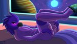 animal_genitalia anthro bed butt clothing erection furniture gas_giant genitals glowing glowing_eyes hand_on_butt legwear looking_at_another male penis pink_body pink_eyes planet purple_body redness solo space star station stockings sun tongue therobd sam_(therobd) avian bird 7:4 absurd_res hi_res