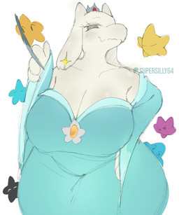 4_fingers anthro big_breasts breasts cleavage clothed clothing cosplay crown curvy_figure eyelashes female fingers floppy_ears group headgear holding_object holding_wand huge_breasts looking_at_viewer mature_anthro mature_female robe simple_background slightly_chubby slightly_chubby_anthro slightly_chubby_female smile solo_focus text thick_thighs voluptuous wand white_background wide_hips supersilly64 mario_bros nintendo super_mario_galaxy undertale_(series) rosalina_(mario) toriel boss_monster_(undertale) bovid caprine goat living_star mammal 2026 artist_name guide_lines hi_res sketch